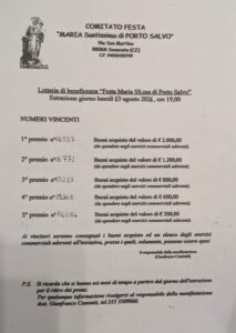 Estrazione lotteria 2026 Madonna di Porto Salvo Soverato